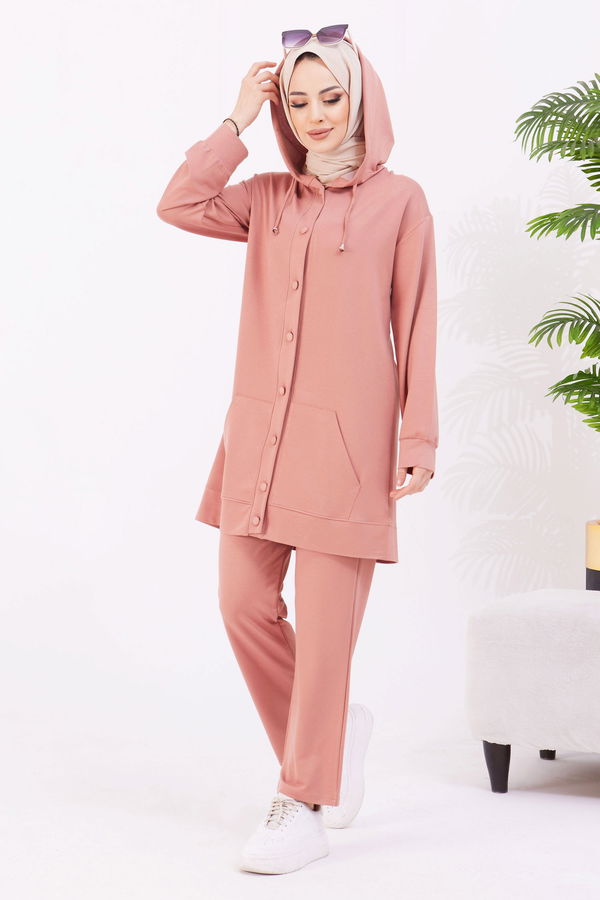 Düz Kapşonlu Yaka Kadın Pembe Tunik+Pantolon - 22067 PEMBE