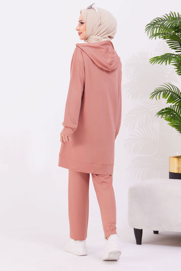 Düz Kapşonlu Yaka Kadın Pembe Tunik+Pantolon - 22067 PEMBE