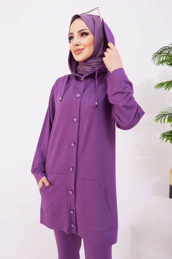 Düz Kapşonlu Yaka Kadın Mor Tunik+Pantolon - 22067 MOR
