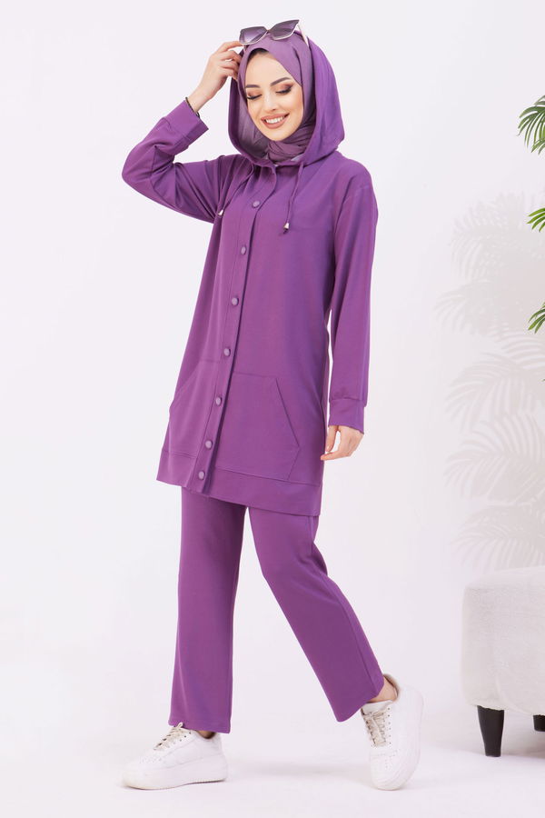 Düz Kapşonlu Yaka Kadın Mor Tunik+Pantolon - 22067 MOR