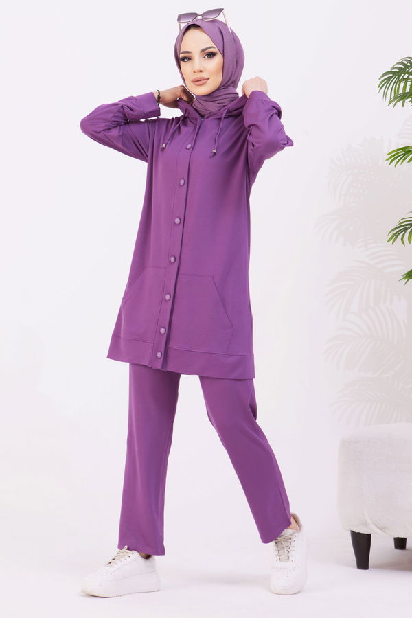 Düz Kapşonlu Yaka Kadın Mor Tunik+Pantolon - 22067 MOR