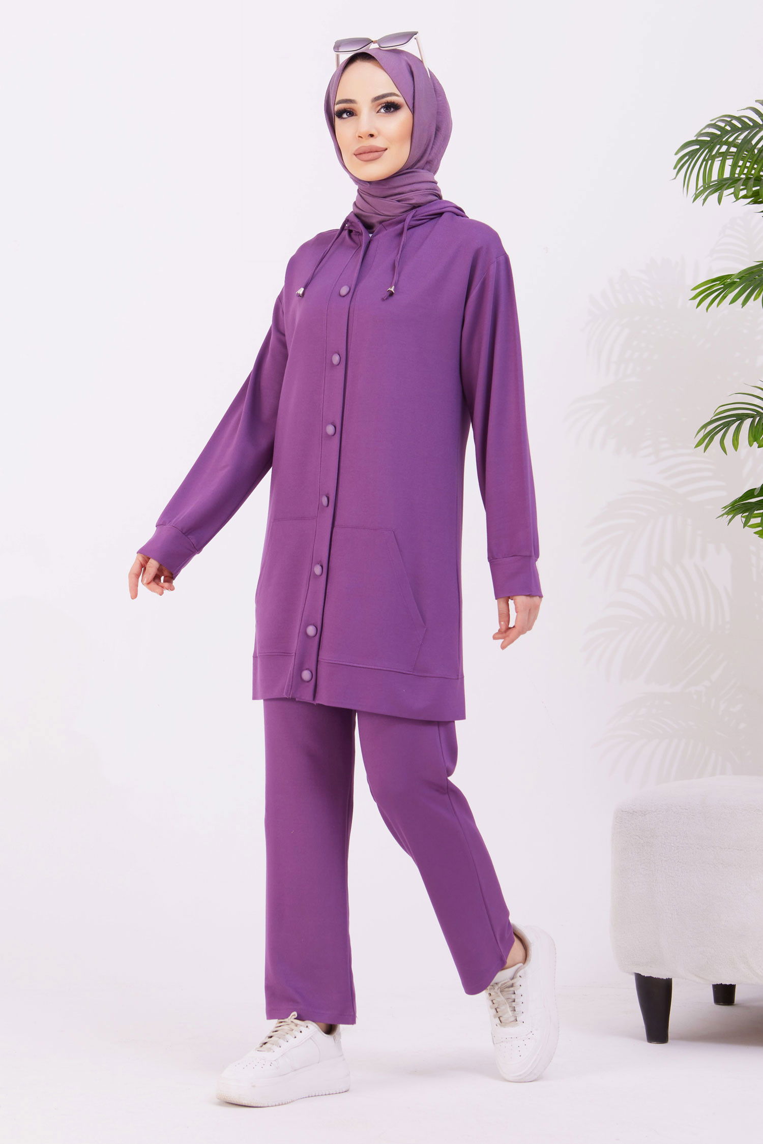 Düz Kapşonlu Yaka Kadın Mor Tunik+Pantolon - 22067 MOR
