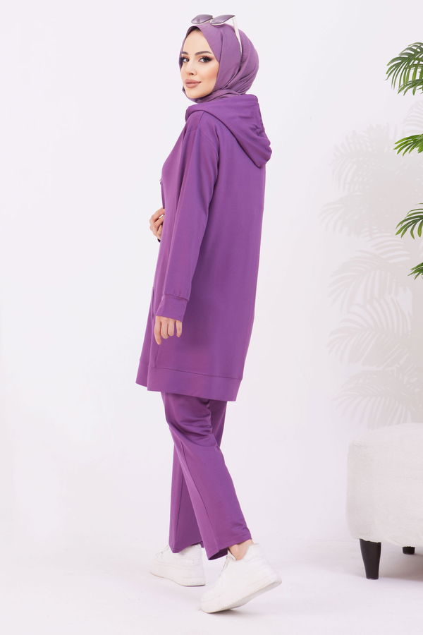 Düz Kapşonlu Yaka Kadın Mor Tunik+Pantolon - 22067 MOR