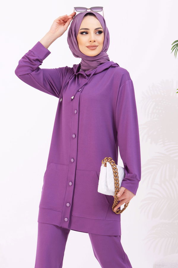 Düz Kapşonlu Yaka Kadın Mor Tunik+Pantolon - 22067 MOR