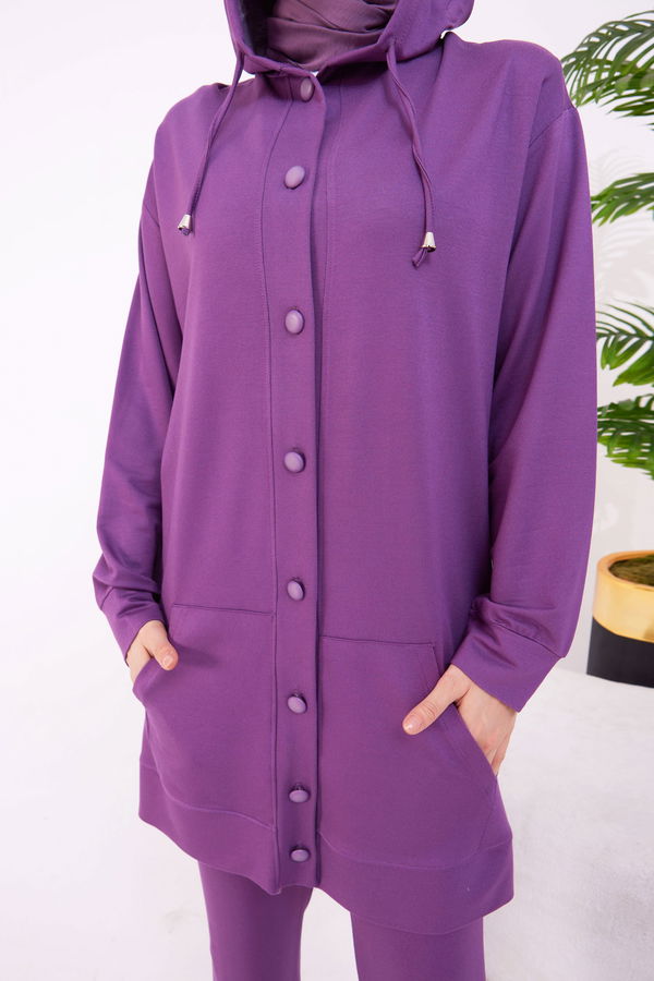 Düz Kapşonlu Yaka Kadın Mor Tunik+Pantolon - 22067 MOR