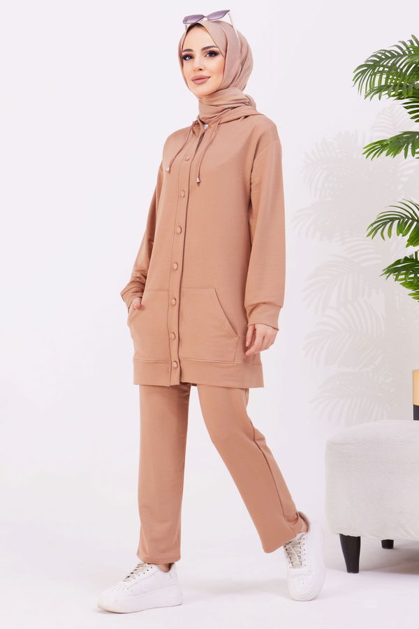 Düz Kapşonlu Yaka Kadın Vizon Tunik+Pantolon - 22067 VİZON