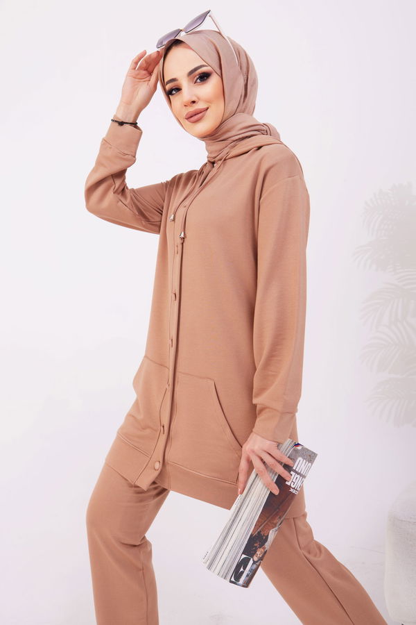 Düz Kapşonlu Yaka Kadın Vizon Tunik+Pantolon - 22067 VİZON