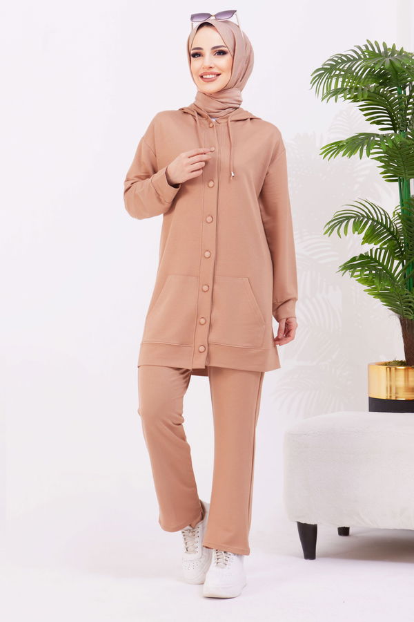 Düz Kapşonlu Yaka Kadın Vizon Tunik+Pantolon - 22067 VİZON
