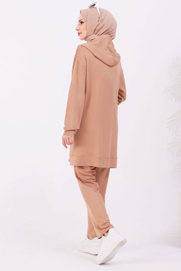 Düz Kapşonlu Yaka Kadın Vizon Tunik+Pantolon - 22067 VİZON