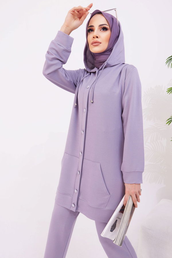 Düz Kapşonlu Yaka Kadın Gri Tunik+Pantolon - 22067 GRİ
