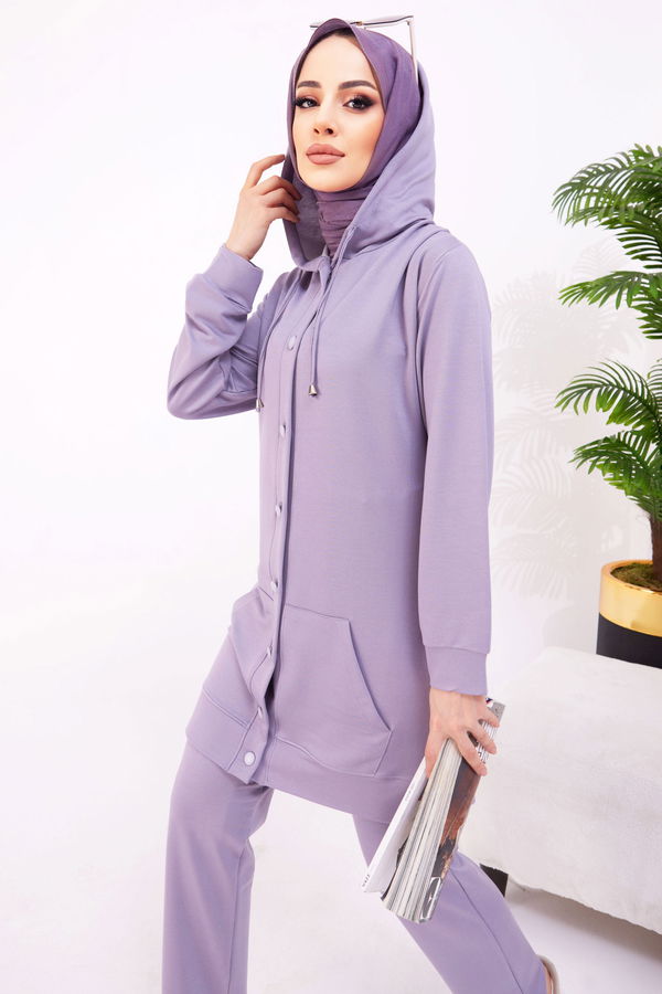 Düz Kapşonlu Yaka Kadın Gri Tunik+Pantolon - 22067 GRİ