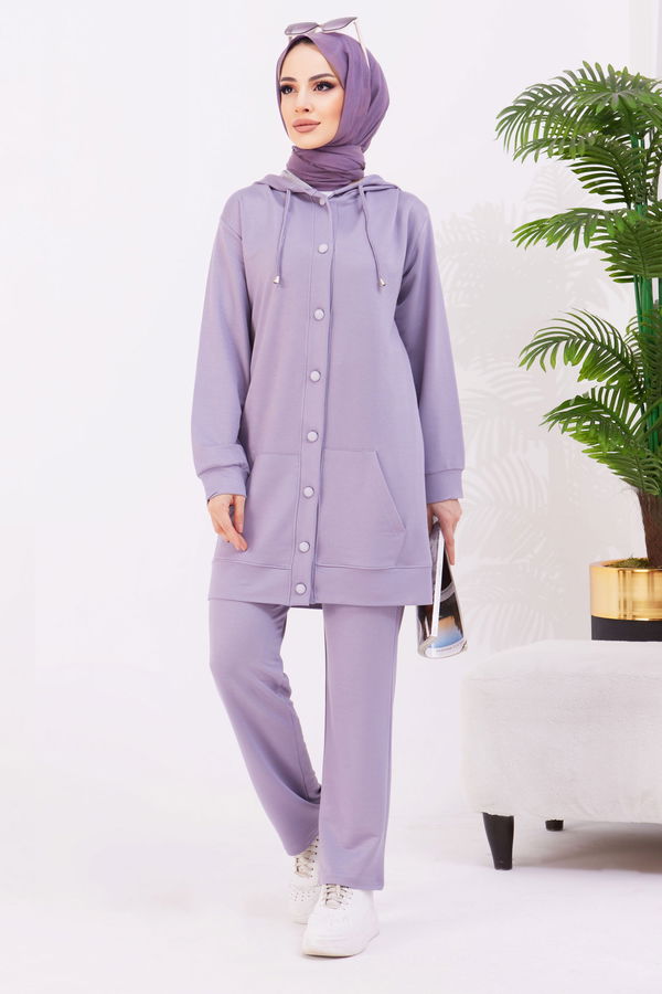 Düz Kapşonlu Yaka Kadın Gri Tunik+Pantolon - 22067 GRİ