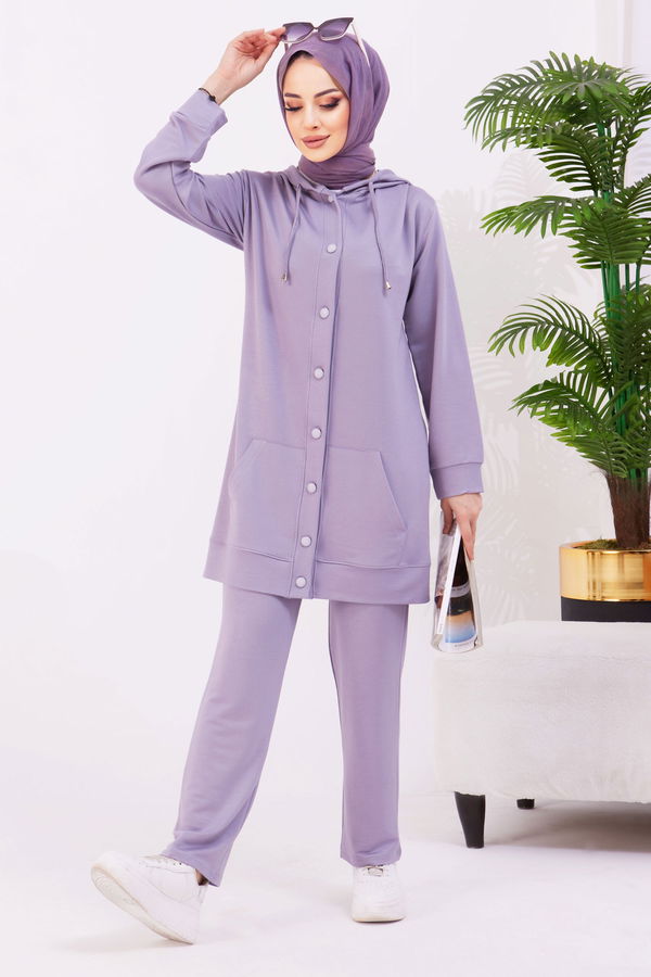 Düz Kapşonlu Yaka Kadın Gri Tunik+Pantolon - 22067 GRİ