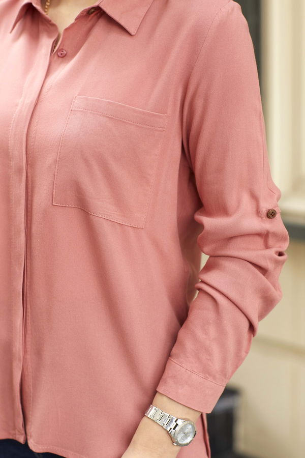 Düz Gömlek Yaka Kadın Pembe Gömlek - 22135 PEMBE