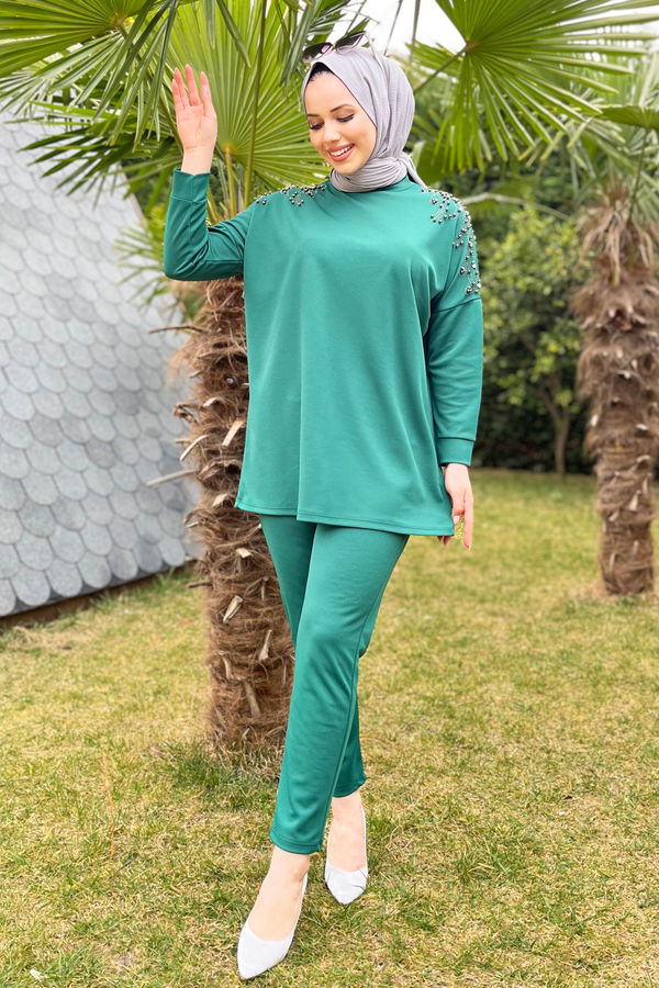 Düz Hakim Yaka Kadın Yeşil Tunik+Pantolon - 22183