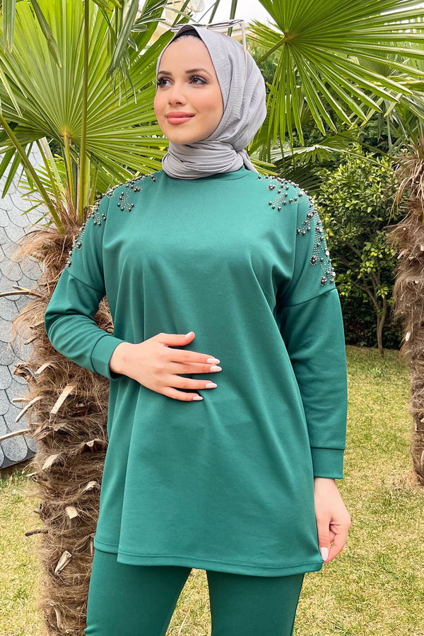 Düz Hakim Yaka Kadın Yeşil Tunik+Pantolon - 22183