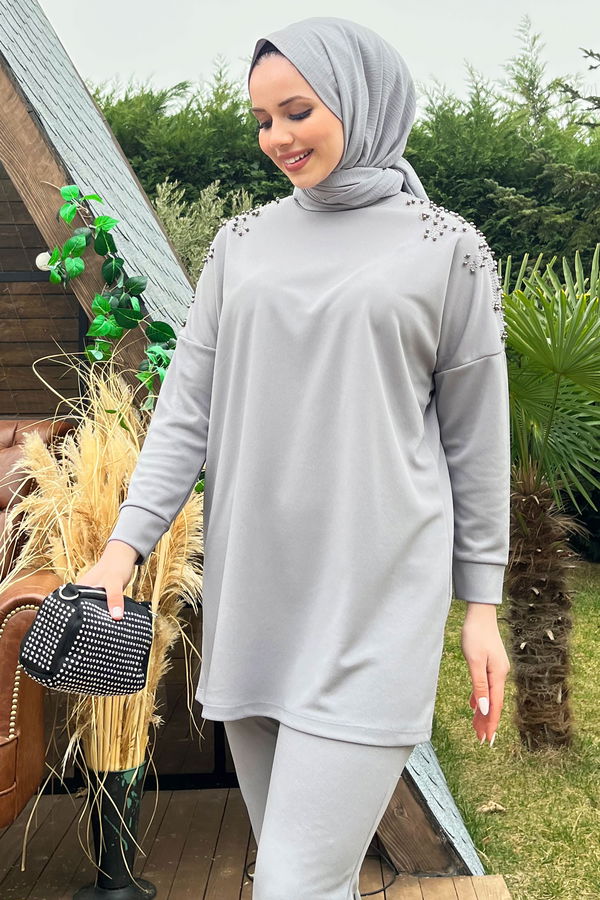 Düz Hakim Yaka Kadın Gri Tunik+Pantolon - 22183 GRİ