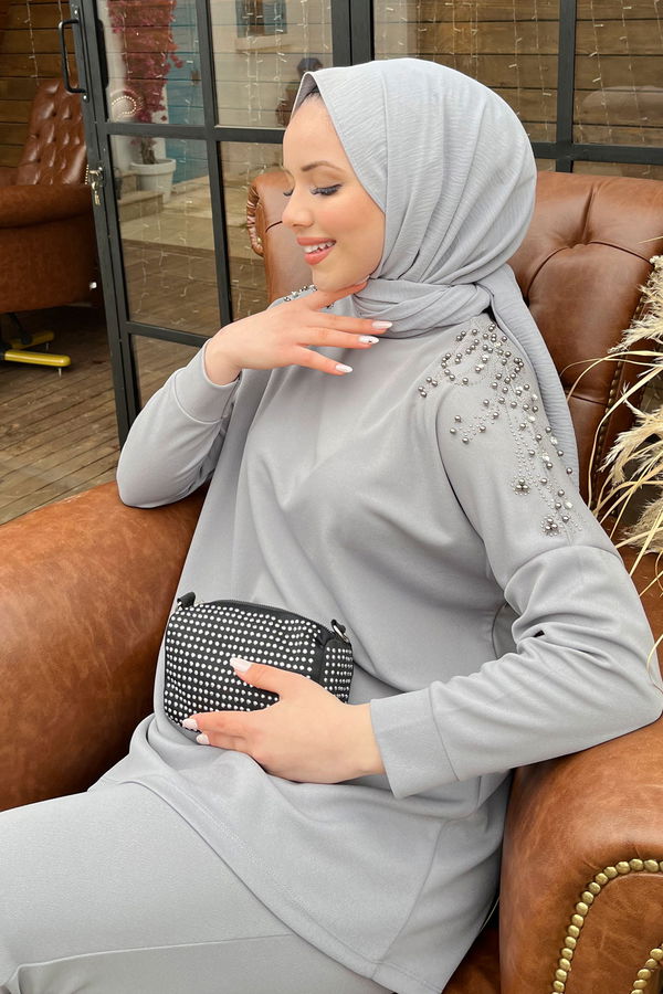 Düz Hakim Yaka Kadın Gri Tunik+Pantolon - 22183 GRİ