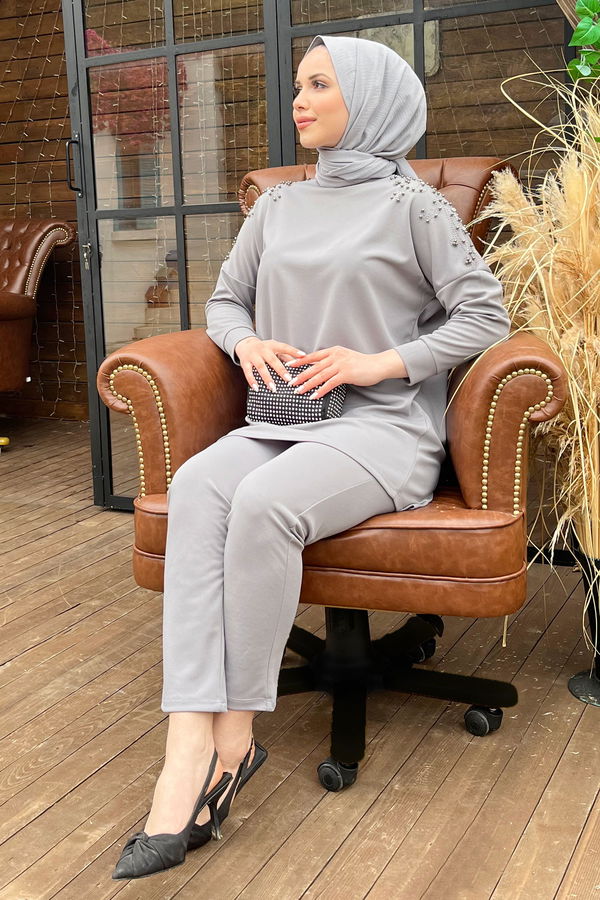 Düz Hakim Yaka Kadın Gri Tunik+Pantolon - 22183 GRİ