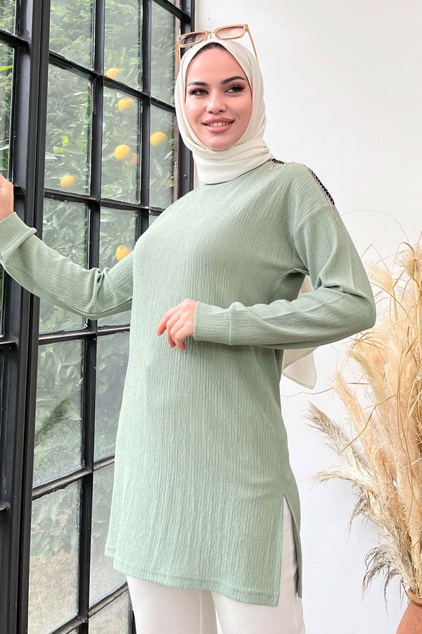 Düz Bisiklet Yaka Kadın Yeşil Tunik - 22186
