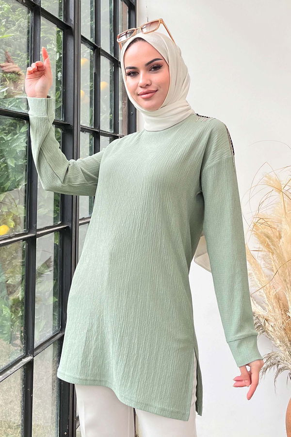 Düz Bisiklet Yaka Kadın Yeşil Tunik - 22186