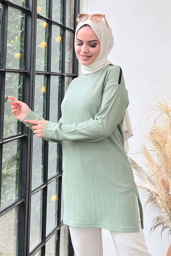 Düz Bisiklet Yaka Kadın Yeşil Tunik - 22186