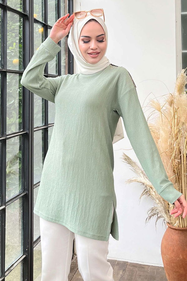 Düz Bisiklet Yaka Kadın Yeşil Tunik - 22186