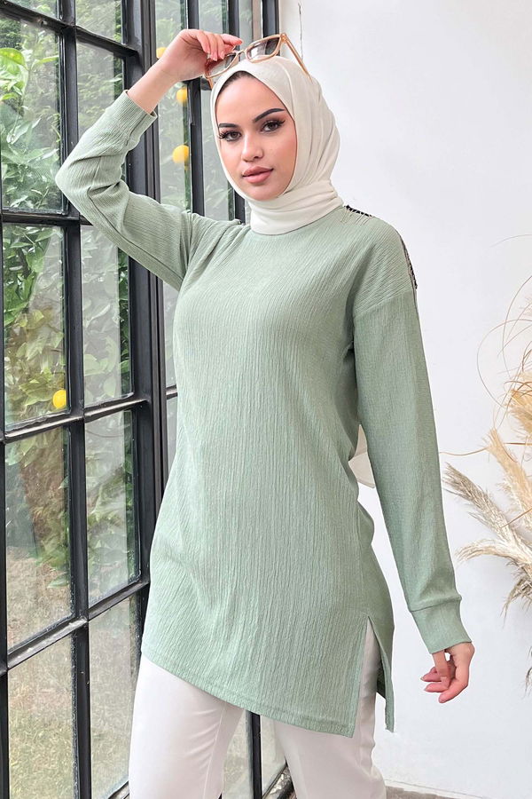 Düz Bisiklet Yaka Kadın Yeşil Tunik - 22186