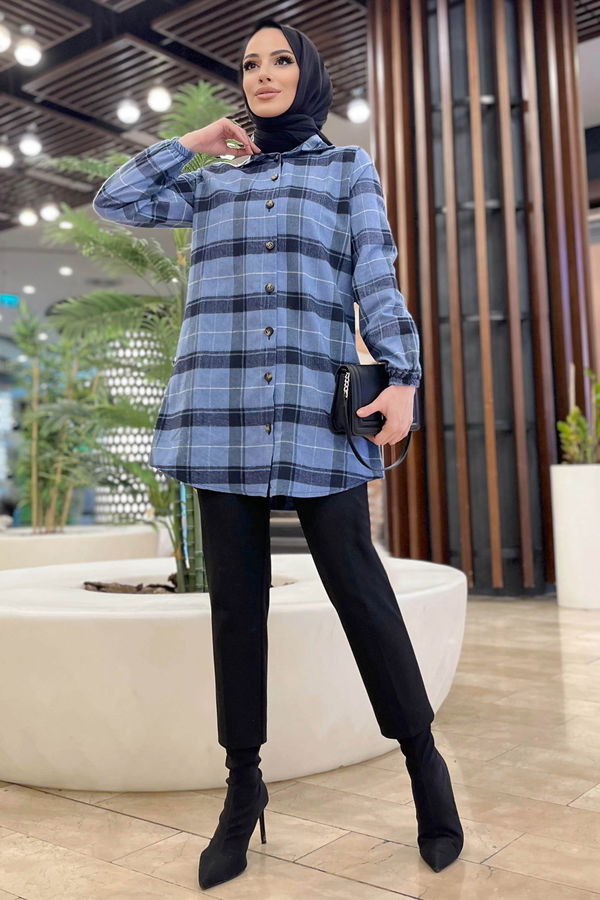 Düz Gömlek Yaka Kadın Mavi Tunik - 11346