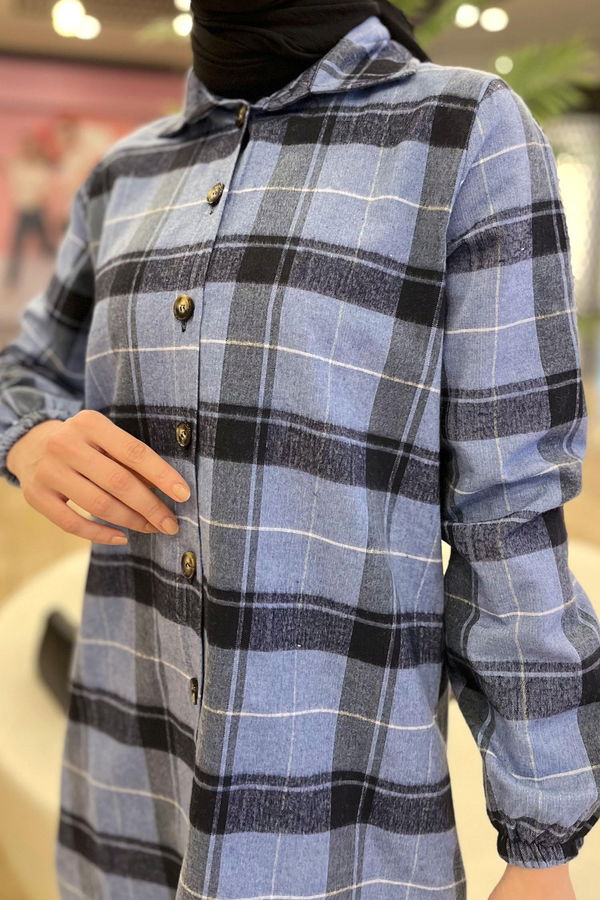 Düz Gömlek Yaka Kadın Mavi Tunik - 11346