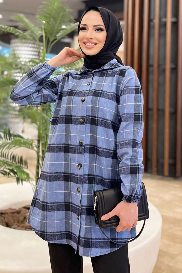 Düz Gömlek Yaka Kadın Mavi Tunik - 11346