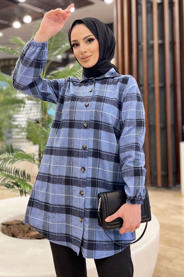 Düz Gömlek Yaka Kadın Mavi Tunik - 11346