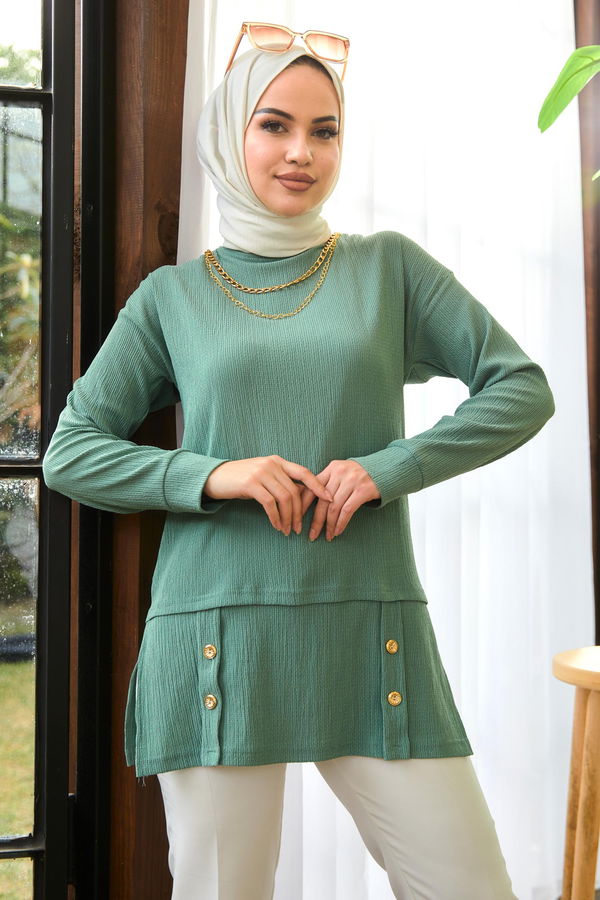 Düz Bisiklet Yaka Kadın Yeşil Tunik - 22087