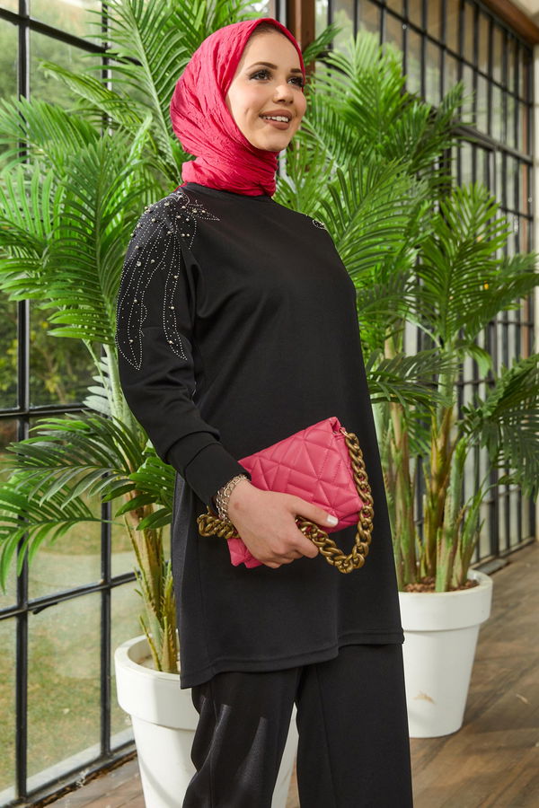Düz Bisiklet Yaka Kadın Siyah Tunik+Pantolon - 22128 SİYAH
