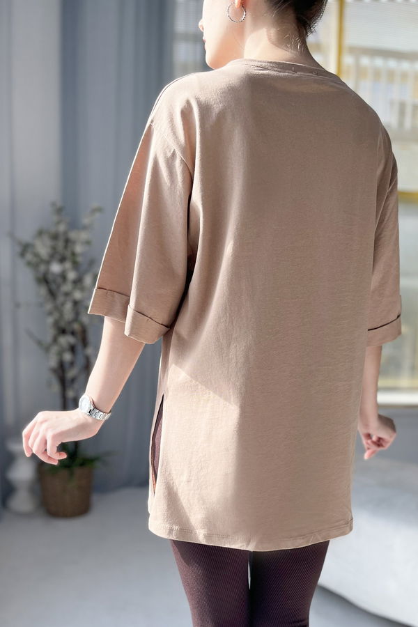 Düz Bisiklet Yaka Kadın Vizon T-shirt - 22236 VİZON