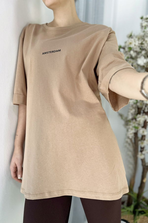 Düz Bisiklet Yaka Kadın Vizon T-shirt - 22236 VİZON