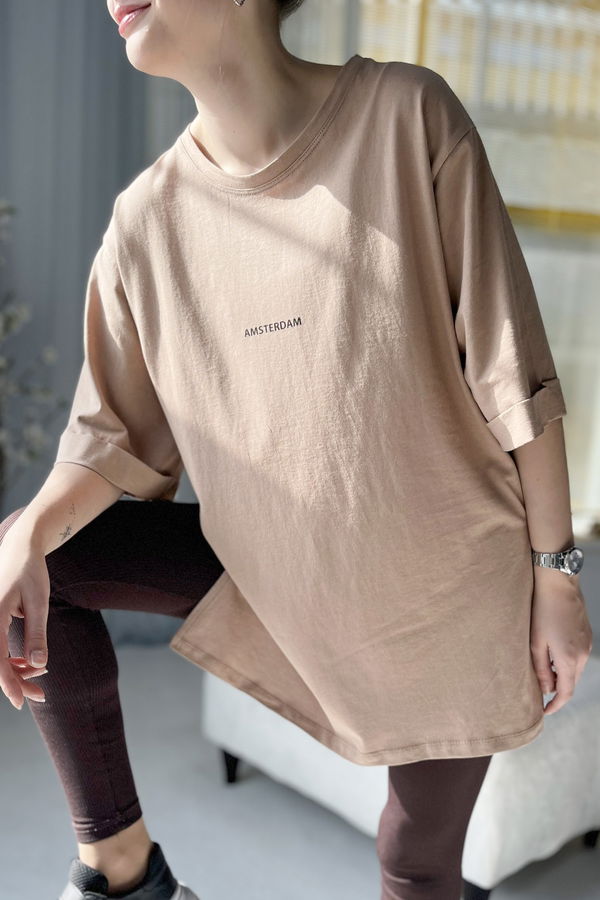 Düz Bisiklet Yaka Kadın Vizon T-shirt - 22236 VİZON