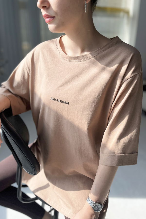 Düz Bisiklet Yaka Kadın Vizon T-shirt - 22236 VİZON