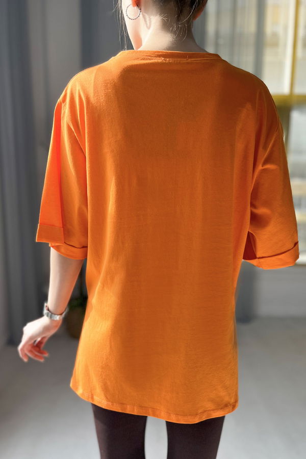 Düz Bisiklet Yaka Kadın Turuncu T-shirt - 22236