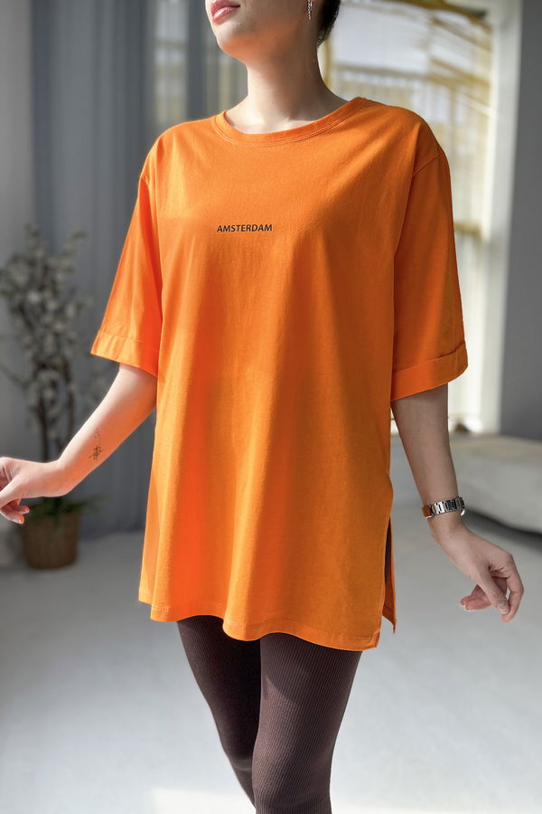 Düz Bisiklet Yaka Kadın Turuncu T-shirt - 22236