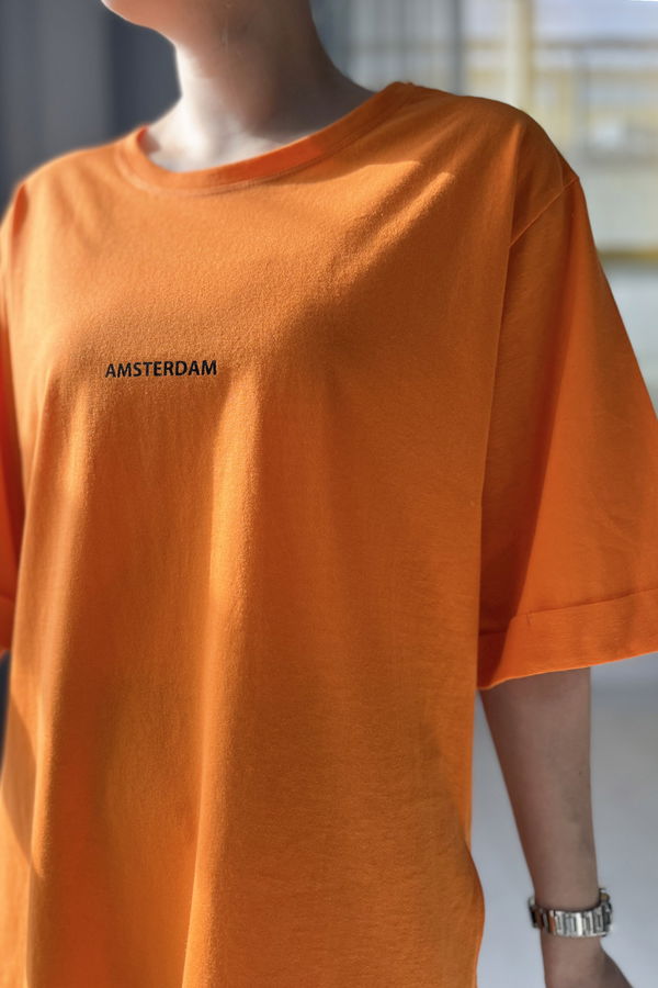 Düz Bisiklet Yaka Kadın Turuncu T-shirt - 22236