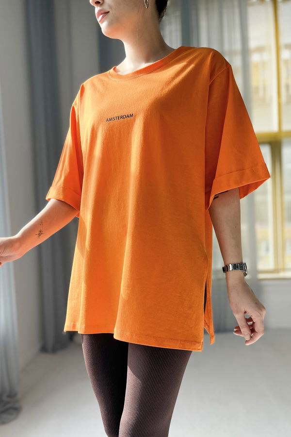 Düz Bisiklet Yaka Kadın Turuncu T-shirt - 22236