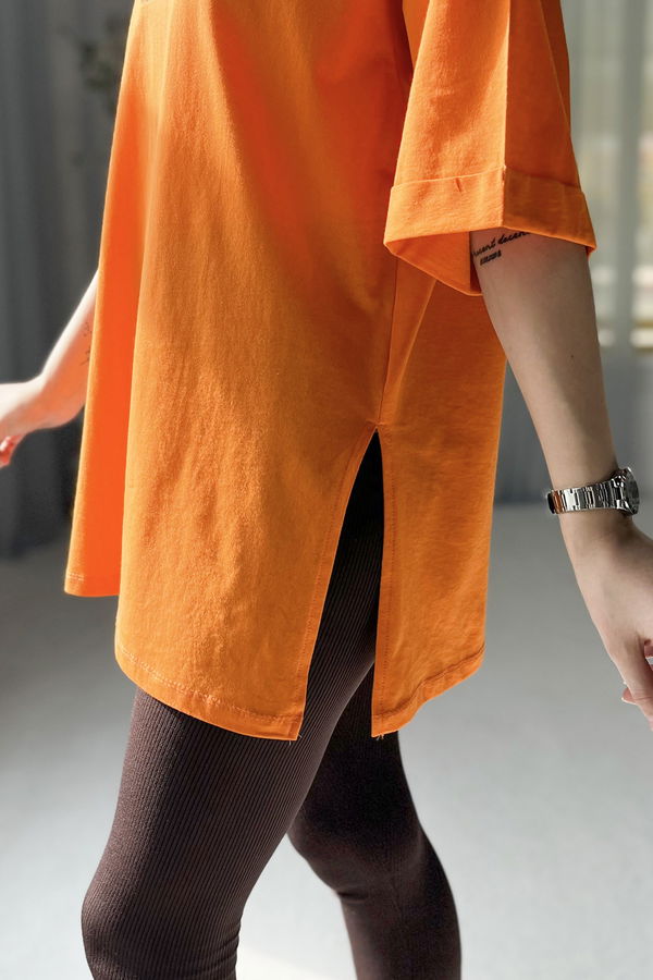 Düz Bisiklet Yaka Kadın Turuncu T-shirt - 22236