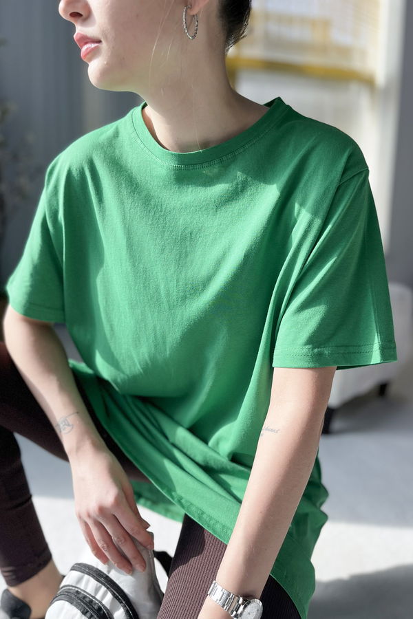 Düz Bisiklet Yaka Kadın Yeşil T-shirt - 22237