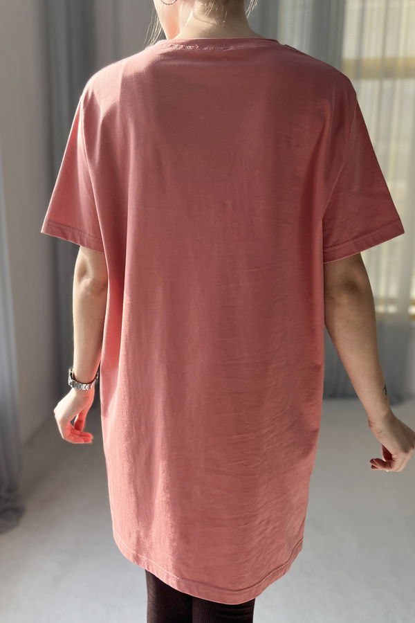 Düz Bisiklet Yaka Kadın Pembe T-shirt - 22237