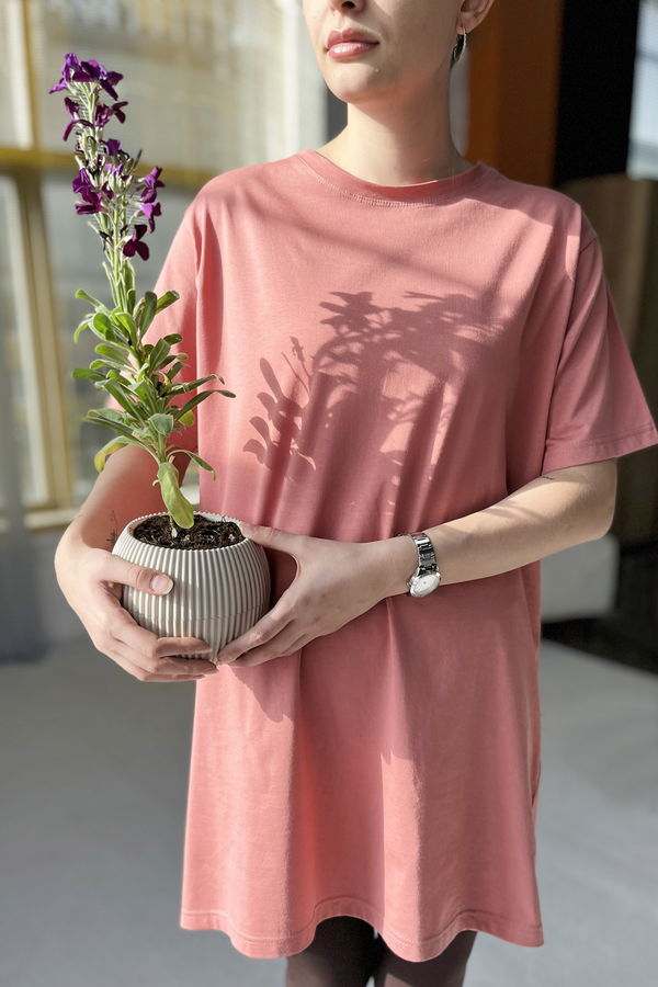 Düz Bisiklet Yaka Kadın Pembe T-shirt - 22237