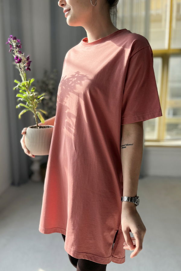 Düz Bisiklet Yaka Kadın Pembe T-shirt - 22237