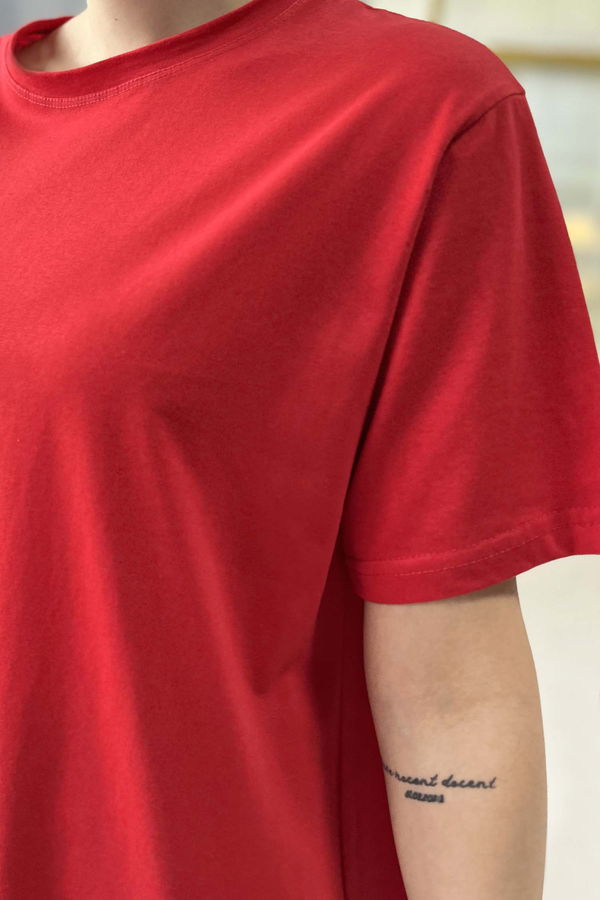 Düz Bisiklet Yaka Kadın Kırmızı T-shirt - 22237