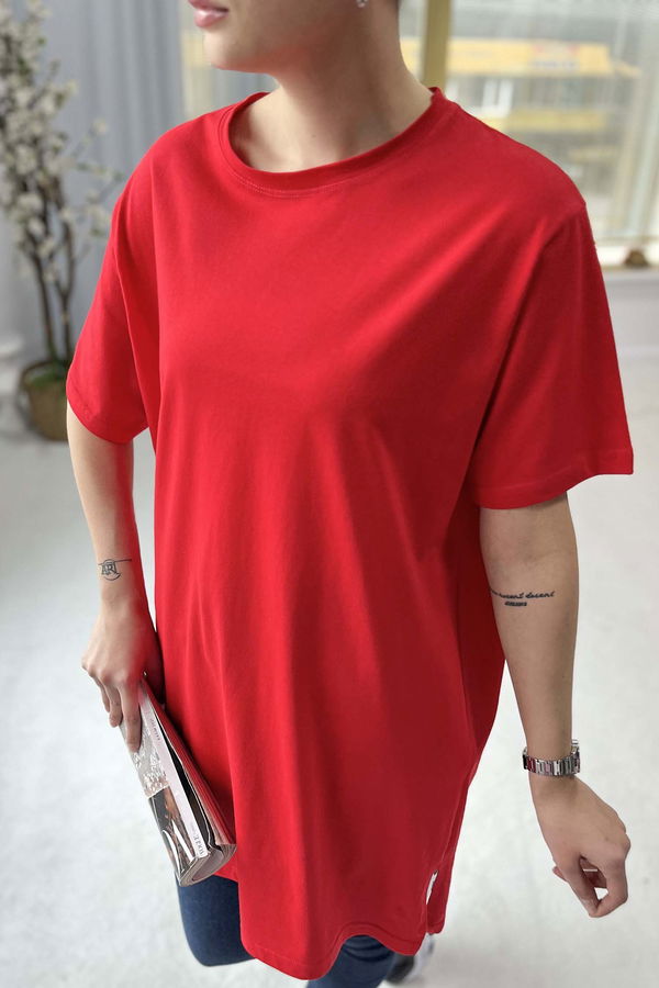 Düz Bisiklet Yaka Kadın Kırmızı T-shirt - 22237
