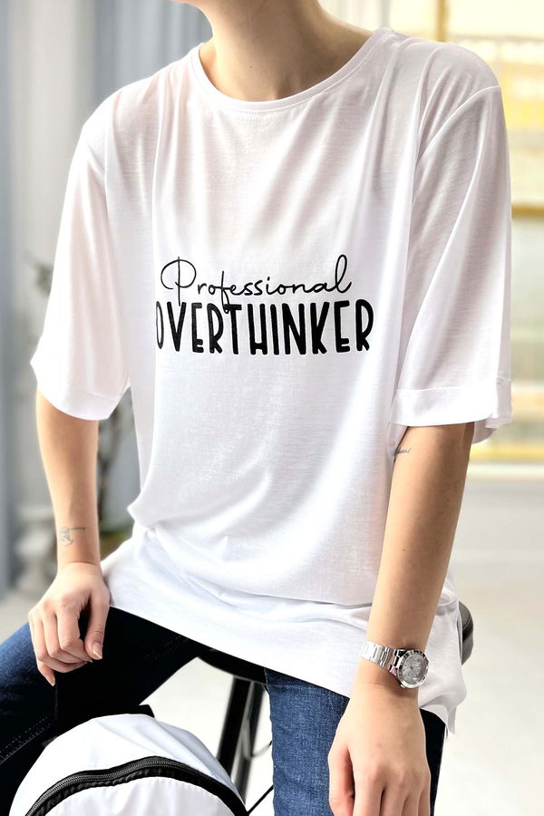 Düz Bisiklet Yaka Kadın Beyaz T-Shirt - 22246 BEYAZ